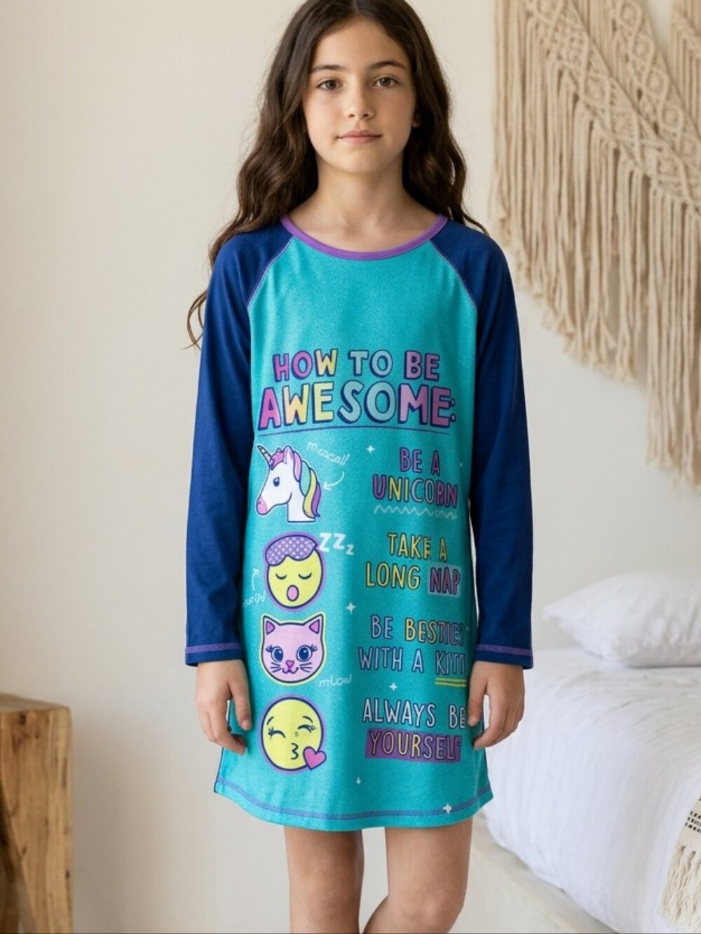 Girls Unicorn Nightgown L 10 12 Blue Fleece How to Be Awesome Pajama Gown Comfy